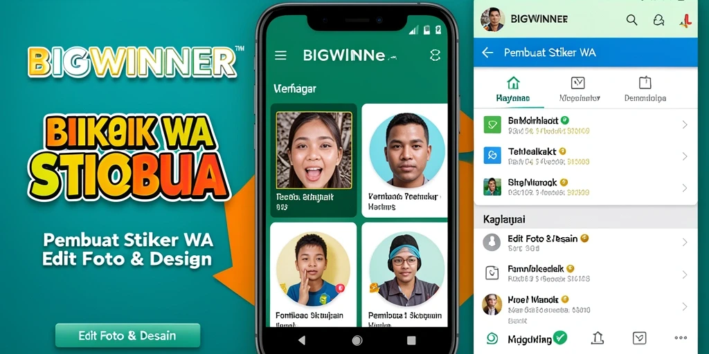 Antarmuka aplikasi BIGWINNER dengan fitur Pembuat Stiker WA yang mudah digunakan.