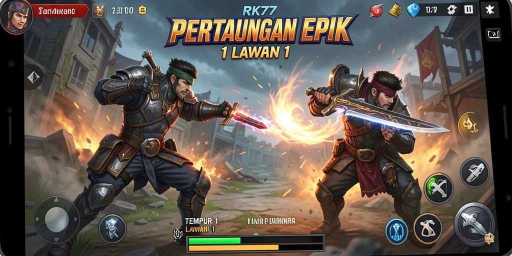 Screenshot utama RK77 menampilkan pertarungan seru 1 lawan 1 dengan efek visual menakjubkan.